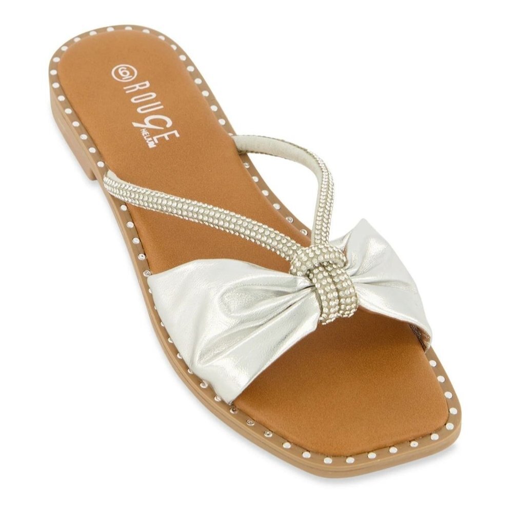New Rouge Rhinestone Strap Bow Slide Sandals - Silver Size 8.5